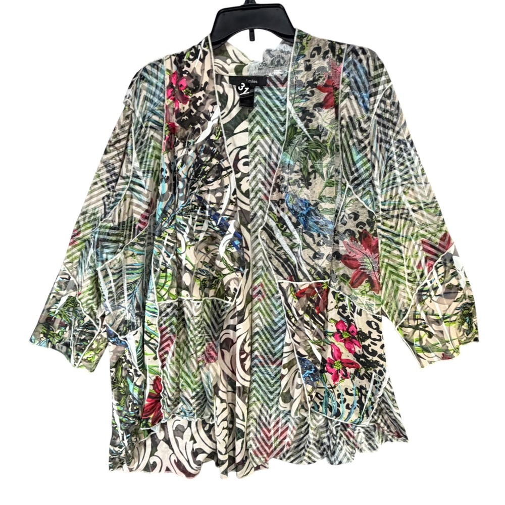 Ali Miles Mesh Burnout Cardigan 2XL Floral Mixed Media Open Front Longline Artsy